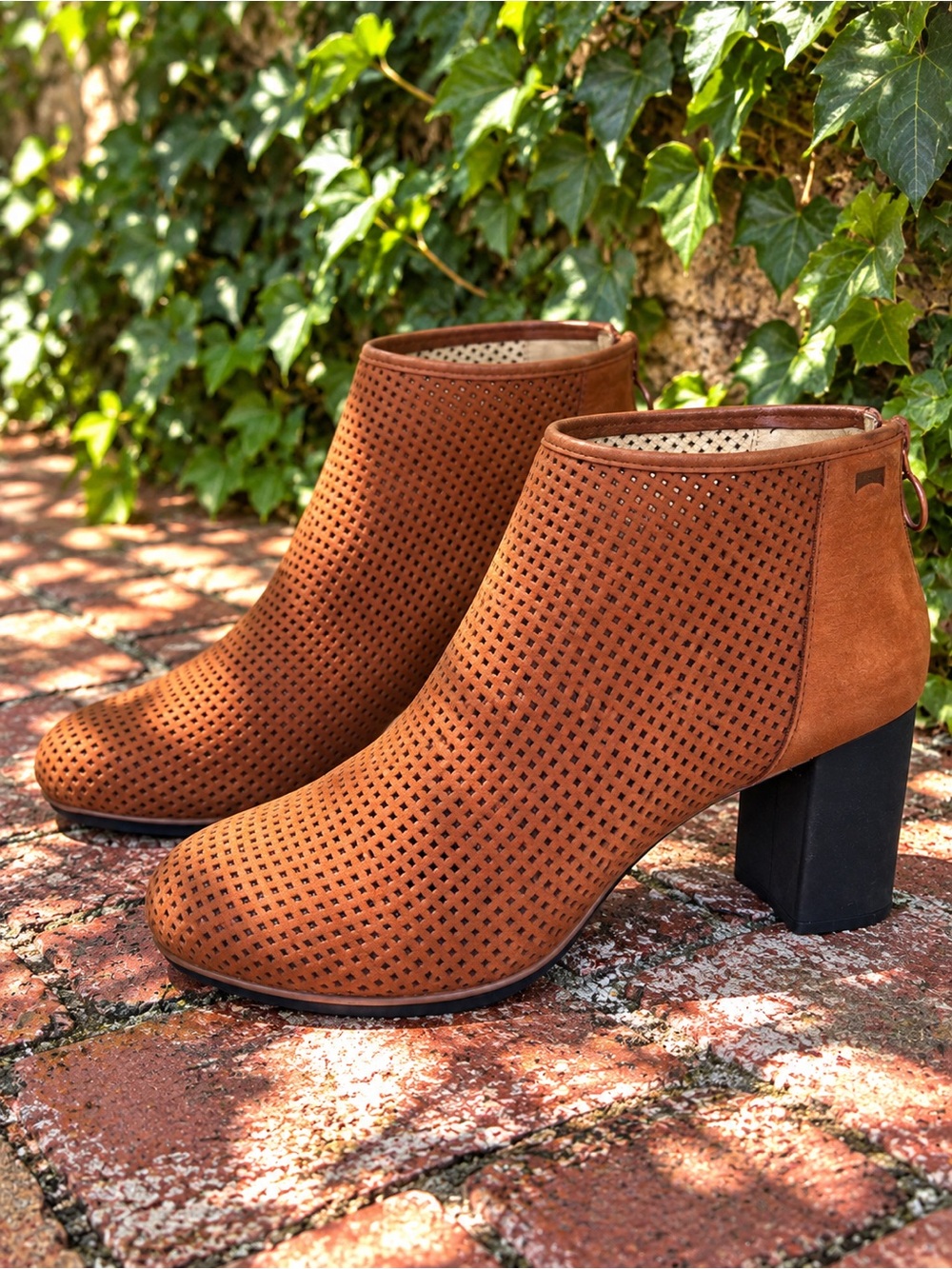 CAMPER Myriam Cognac Brown Leather Perforated Architectural Ankle Boots, 8